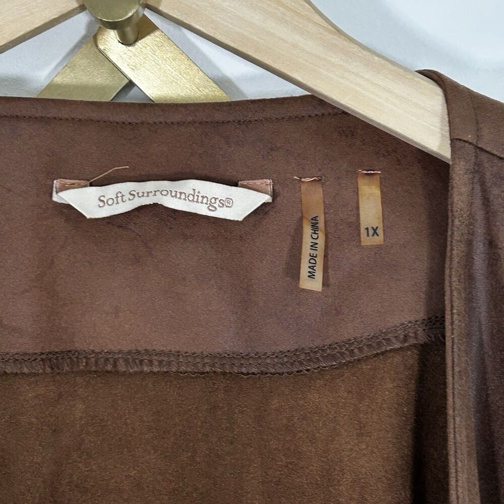 Soft Surroundings Faux Suede Duster Jacket Size 1X Brown Coat Open Front Pockets - Picture 6 of 10